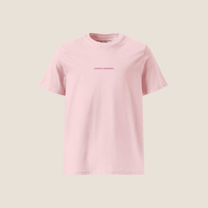 Gentle Endings Organic T-Shirt in cotton pink with small lipstick pink print in front  and featuring in back a star illustration and message.