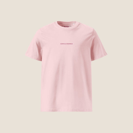 Gentle Endings Organic T-Shirt in cotton pink with small lipstick pink print in front  and featuring in back a star illustration and message.