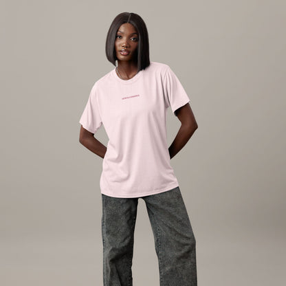 Gentle Endings Organic T-Shirt in cotton pink with small lipstick pink print in front  and featuring in back a star illustration and message.