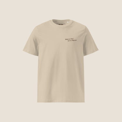 Made To Feel Organic T-Shirt in desert with espresso print.