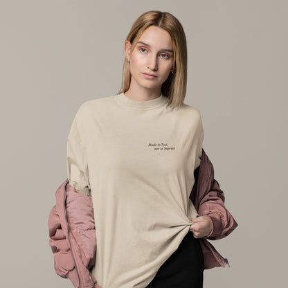 Made To Feel Organic T-Shirt in desert with espresso print.