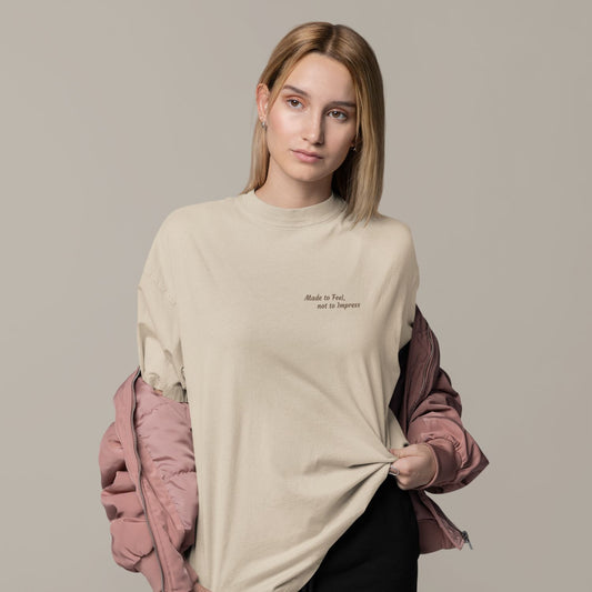 Made To Feel Organic T-Shirt in desert with espresso print.