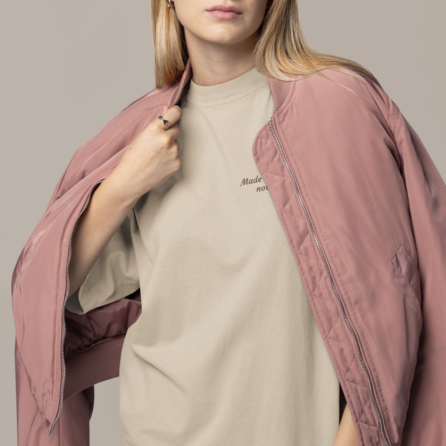 Made To Feel Organic T-Shirt in desert with espresso print.