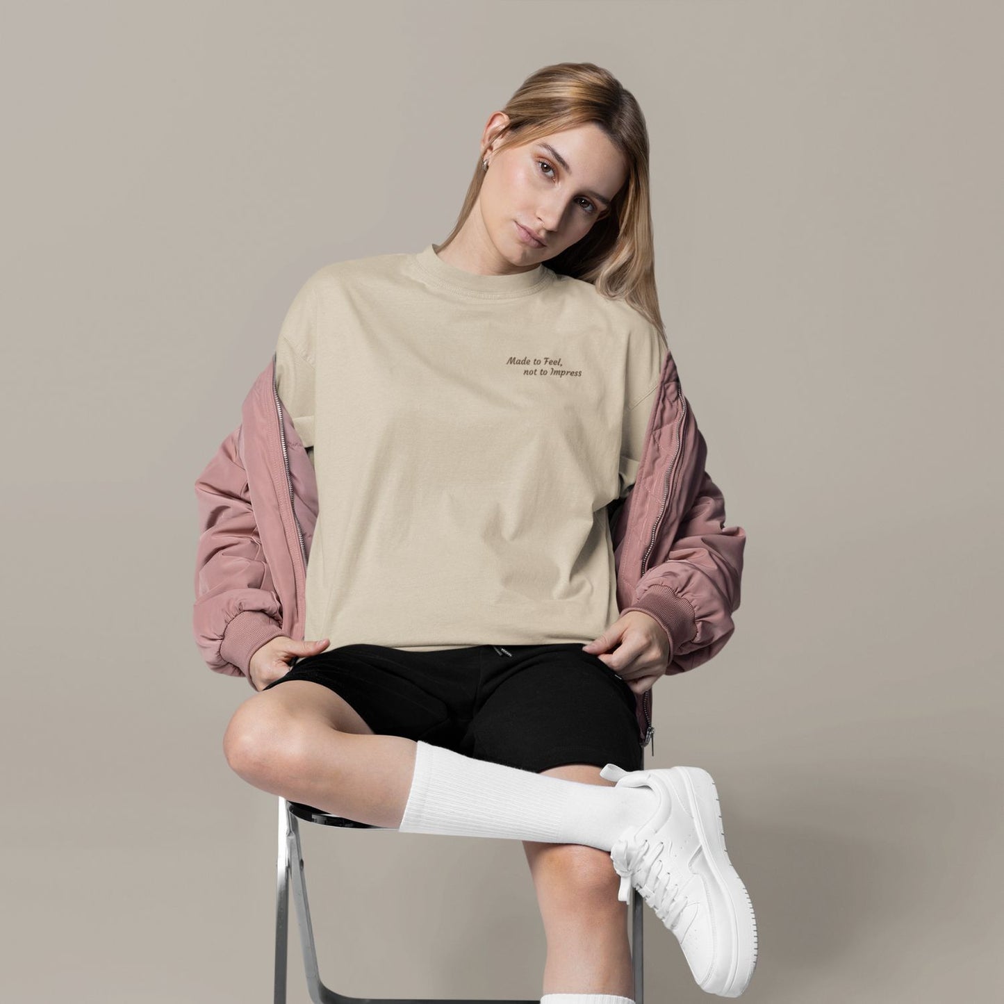 Made To Feel Organic T-Shirt in desert with espresso print.