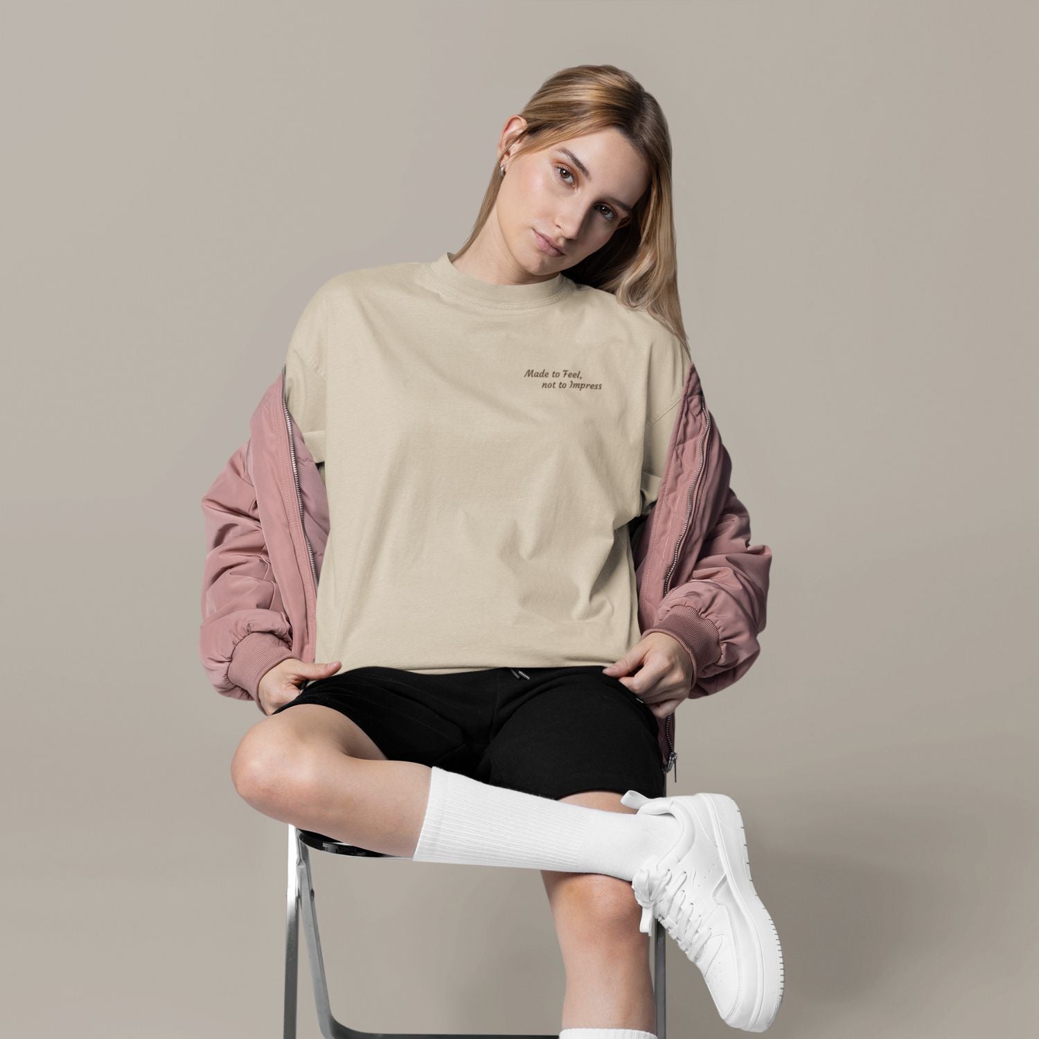 Made To Feel Organic T-Shirt in desert with espresso print.