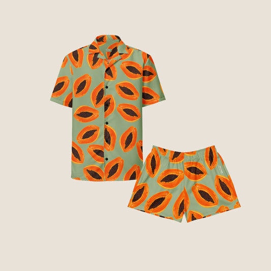 Papaya matcha recycled shirt and shorts set from Miss Piggy Soulwear.