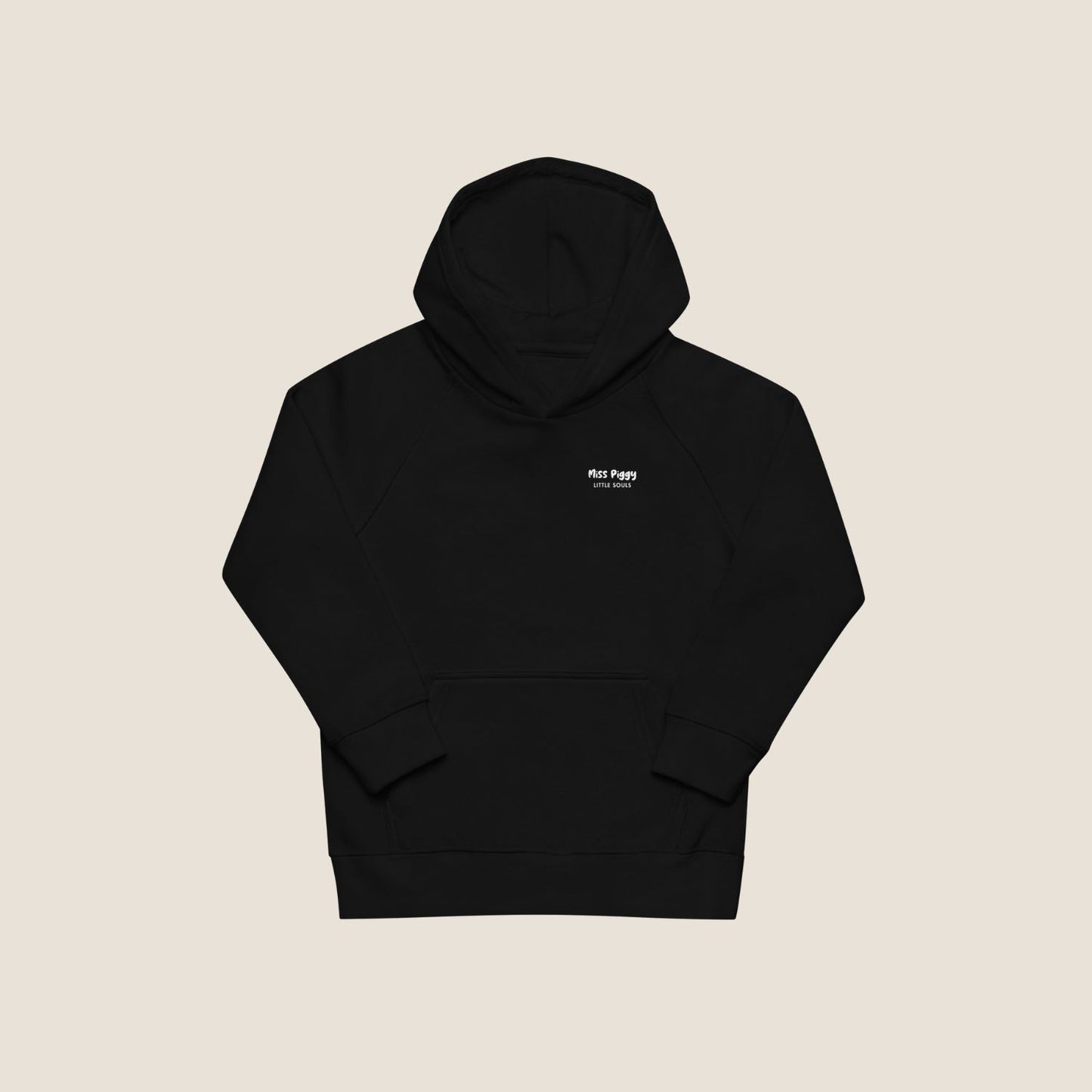 Protocol Organic Kids Hoodie in black with minimal Miss Piggy print in front and back with protocol-style list design.