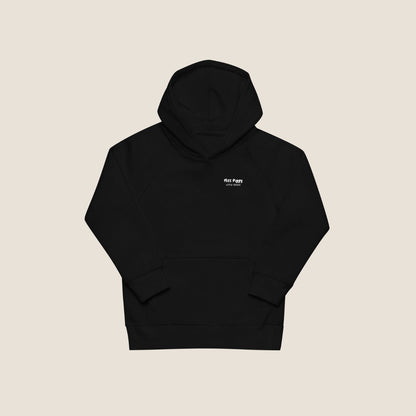 Protocol Organic Kids Hoodie in black with minimal Miss Piggy print in front and back with protocol-style list design.