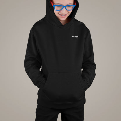 Protocol Organic Kids Hoodie in black with minimal Miss Piggy print in front and back with protocol-style list design.