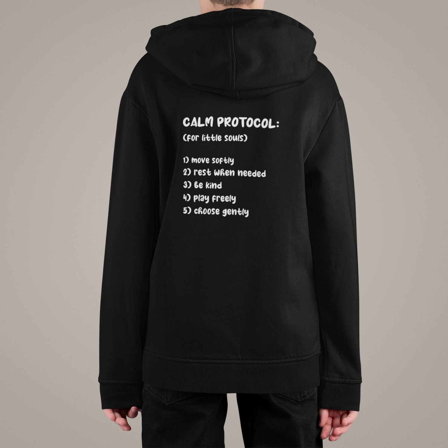 Protocol Organic Kids Hoodie in black with minimal Miss Piggy print in front and back with protocol-style list design.