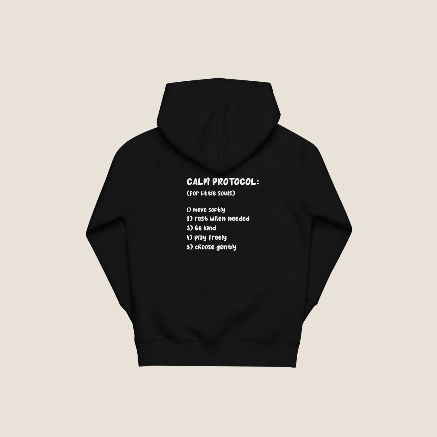 Protocol Organic Kids Hoodie in black with minimal Miss Piggy print in front and back with protocol-style list design.