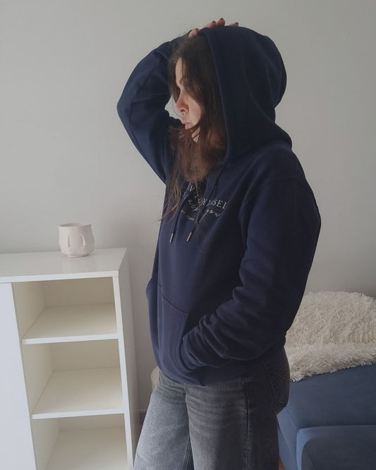 RETURN TO YOU Organic Hoodie in navy with off white print, sustainable comfort made from organic cotton.