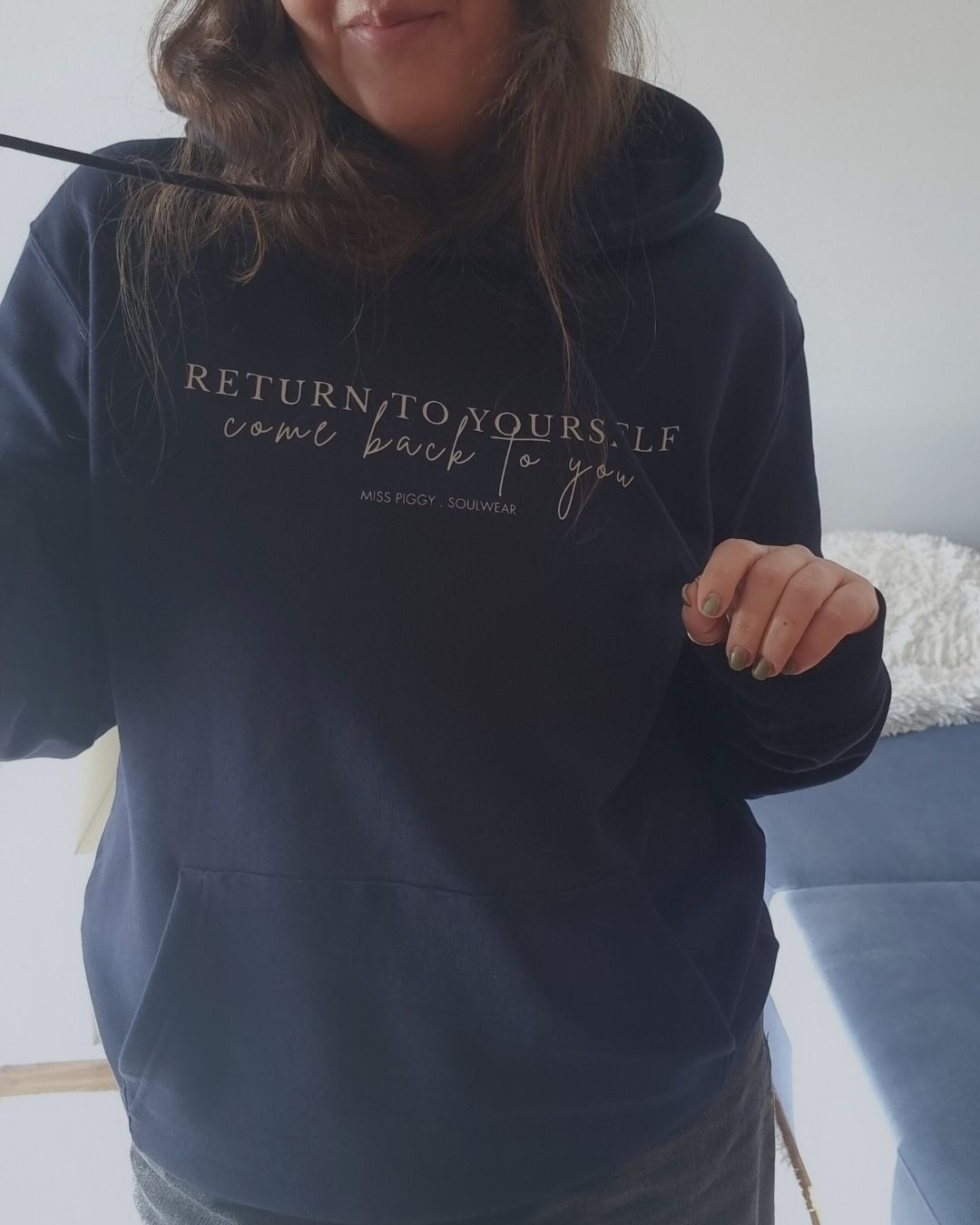 RETURN TO YOU Organic Hoodie in navy with off white print, sustainable comfort made from organic cotton.