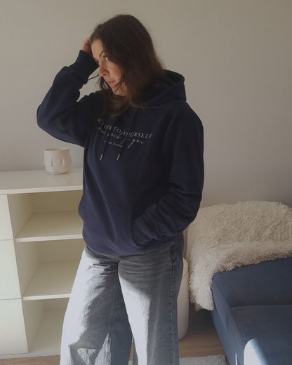 RETURN TO YOU Organic Hoodie in navy with off white print, sustainable comfort made from organic cotton.