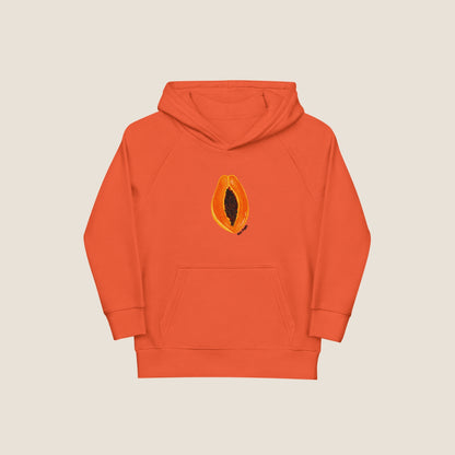 Child wearing the SUN CLUB hoodie in a relaxed fit, made from organic cotton and recycled polyester. Unisex design with soft texture and natural tone, photographed against a light, playful background.