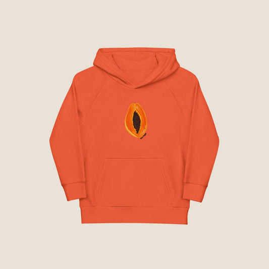 Child wearing the SUN CLUB hoodie in a relaxed fit, made from organic cotton and recycled polyester. Unisex design with soft texture and natural tone, photographed against a light, playful background.
