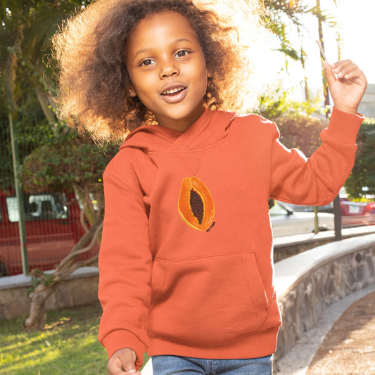 Child wearing the SUN CLUB hoodie in a relaxed fit, made from organic cotton and recycled polyester. Unisex design with soft texture and natural tone, photographed against a light, playful background.