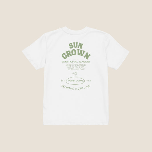 SUN GROW kids organic t-shirt by Miss Piggy – Soulwear Kids tee in white and matcha print