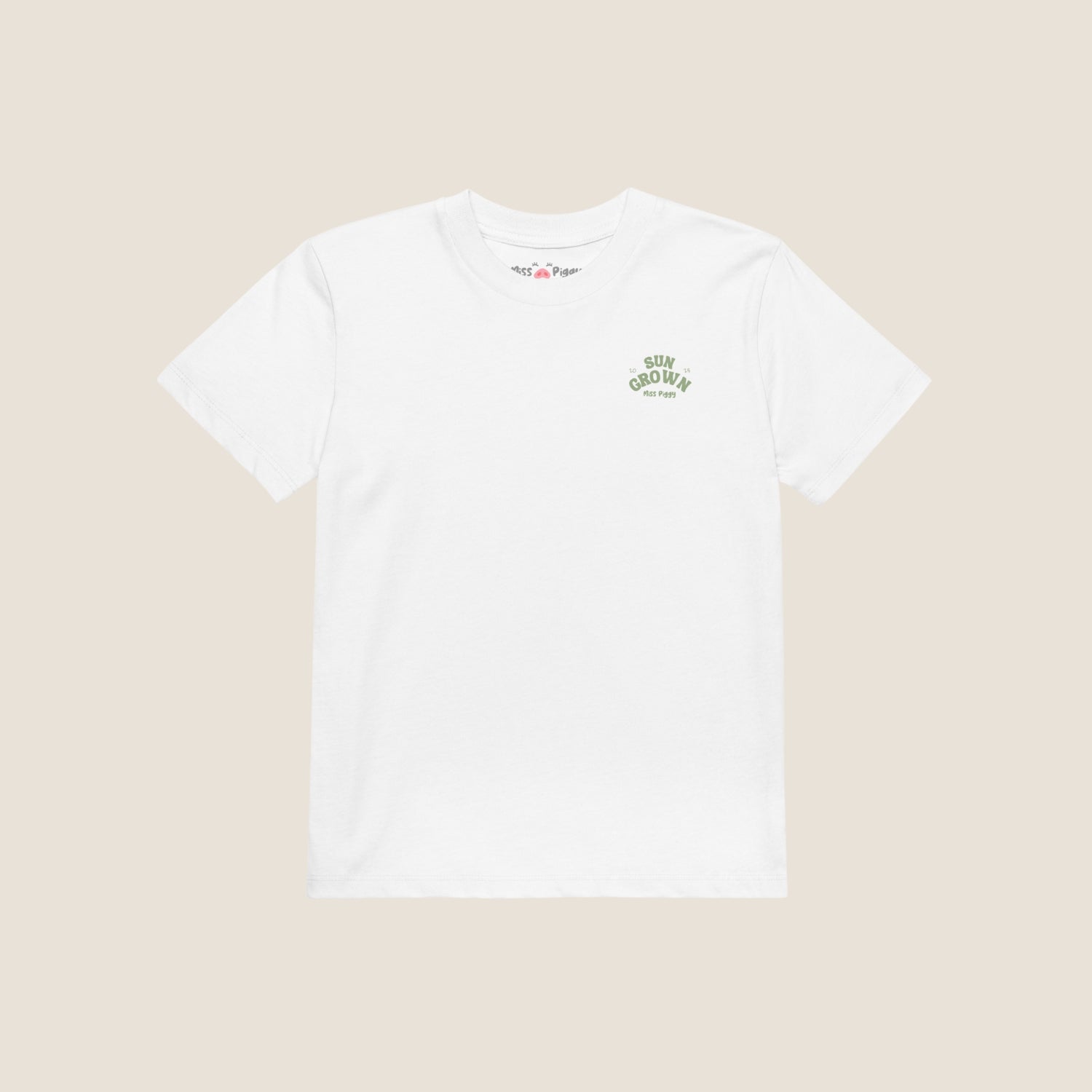SUN GROW kids organic t-shirt by Miss Piggy – Soulwear Kids tee in white and matcha print