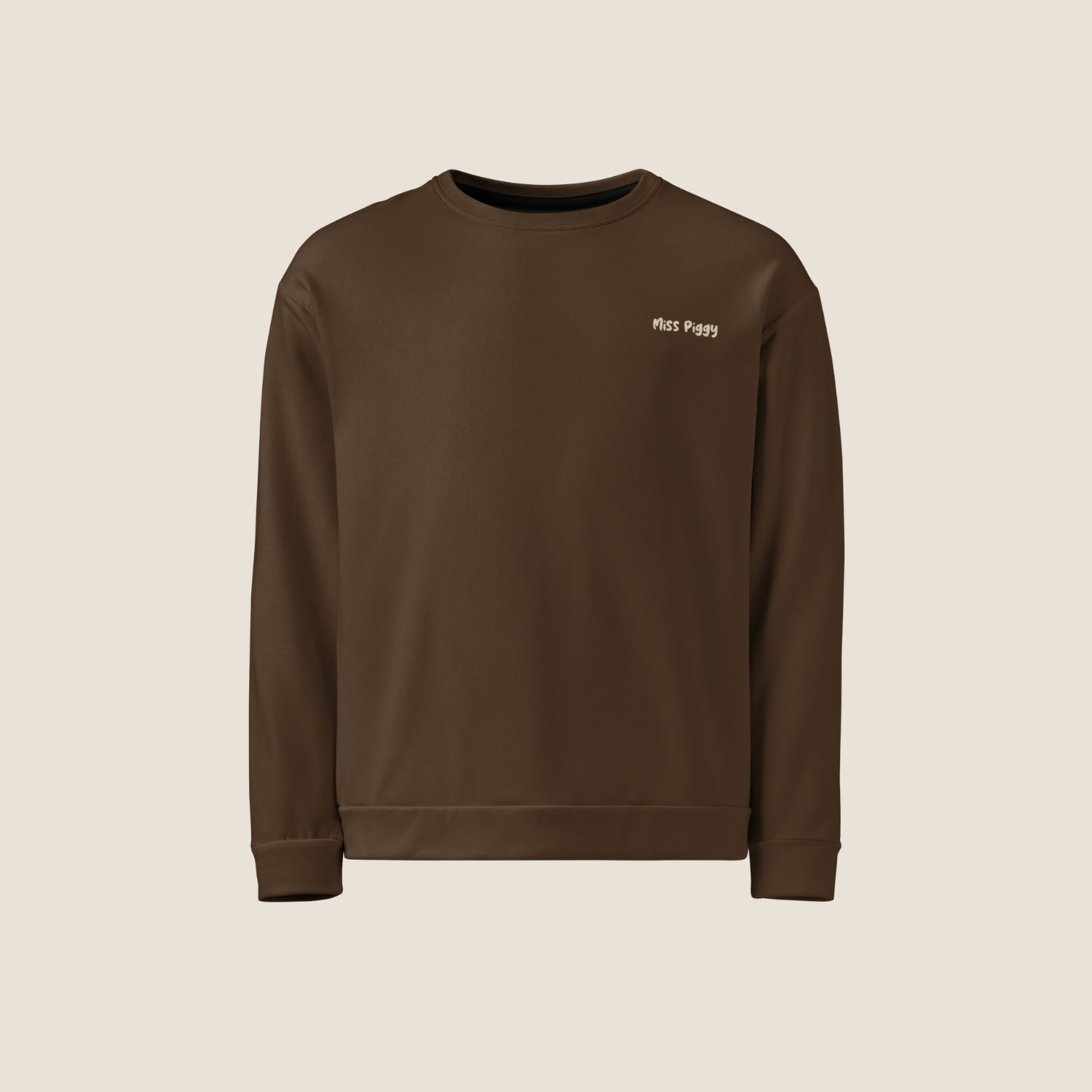 Unisex UNSEEN Recycled Sweater in espresso brown with sand print, minimalist sustainable design by Miss Piggy.
