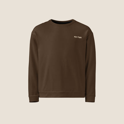 Unisex UNSEEN Recycled Sweater in espresso brown with sand print, minimalist sustainable design by Miss Piggy.