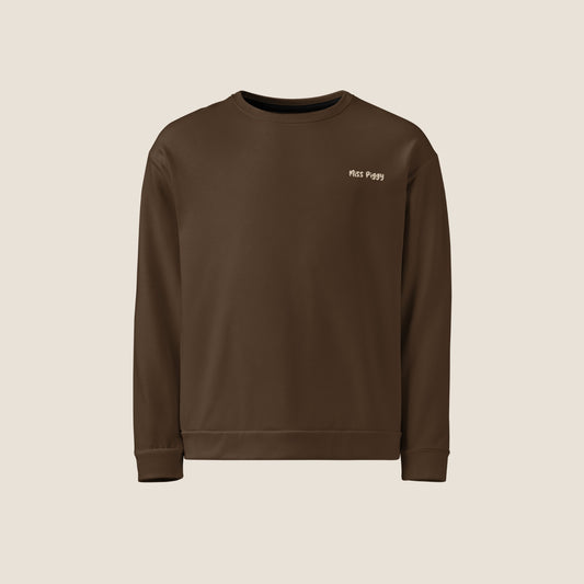 Unisex UNSEEN Recycled Sweater in espresso brown with sand print, minimalist sustainable design by Miss Piggy.