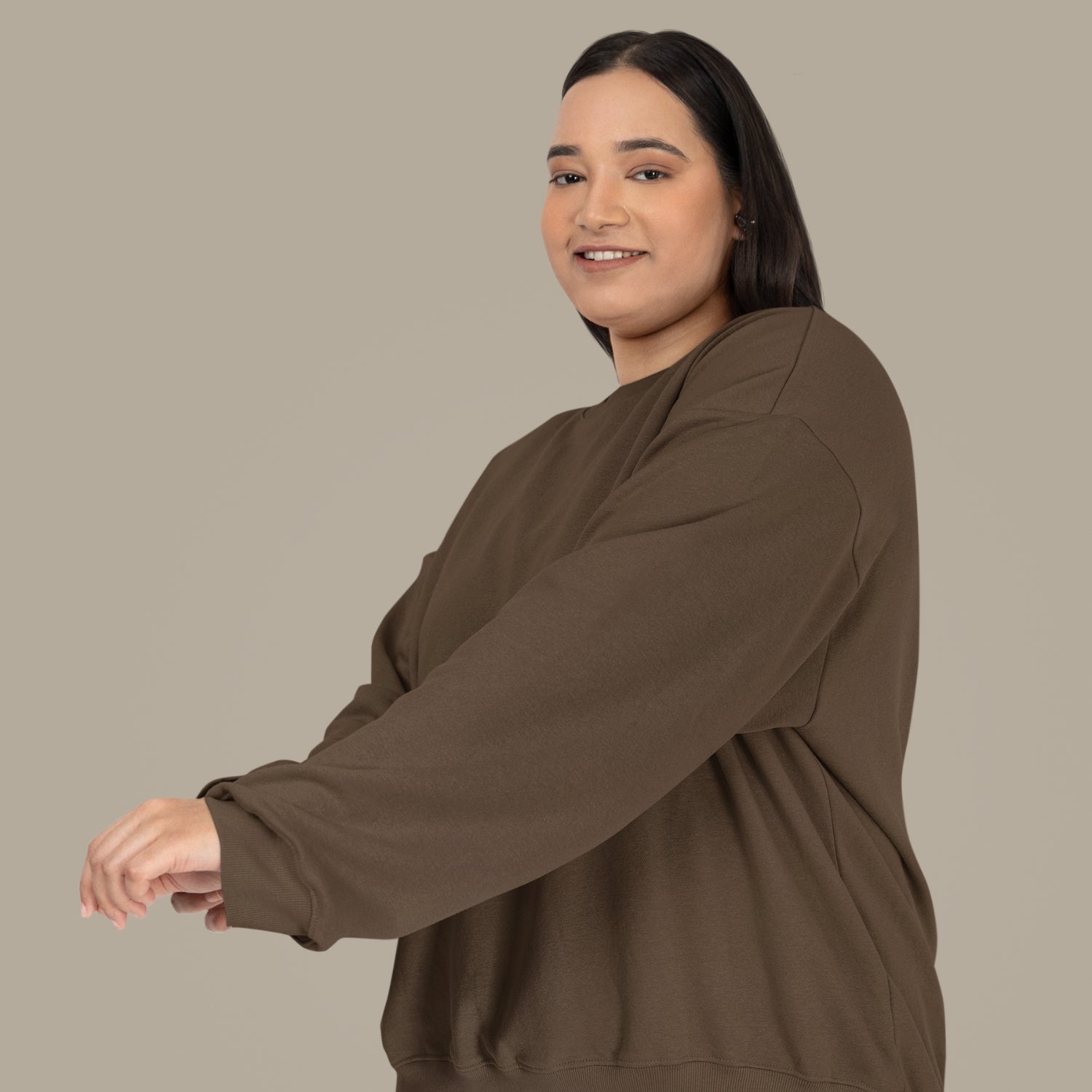 Unisex UNSEEN Recycled Sweater in espresso brown with sand print, minimalist sustainable design by Miss Piggy.