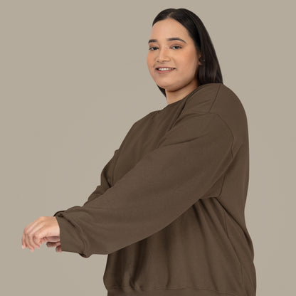 Unisex UNSEEN Recycled Sweater in espresso brown with sand print, minimalist sustainable design by Miss Piggy.