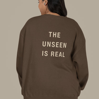 Unisex UNSEEN Recycled Sweater in espresso brown with sand print, minimalist sustainable design by Miss Piggy.