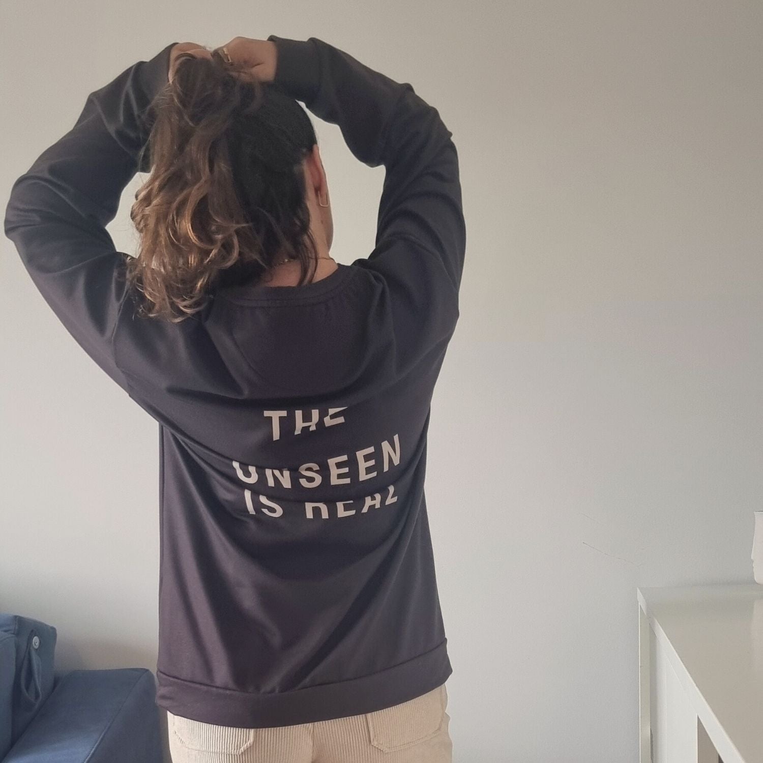 Unisex UNSEEN Recycled Sweater in espresso brown with sand print, minimalist sustainable design by Miss Piggy.