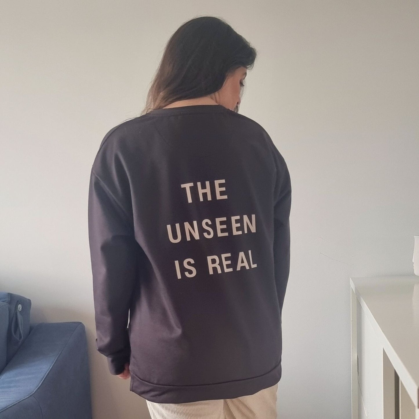 Unisex UNSEEN Recycled Sweater in espresso brown with sand print, minimalist sustainable design by Miss Piggy.