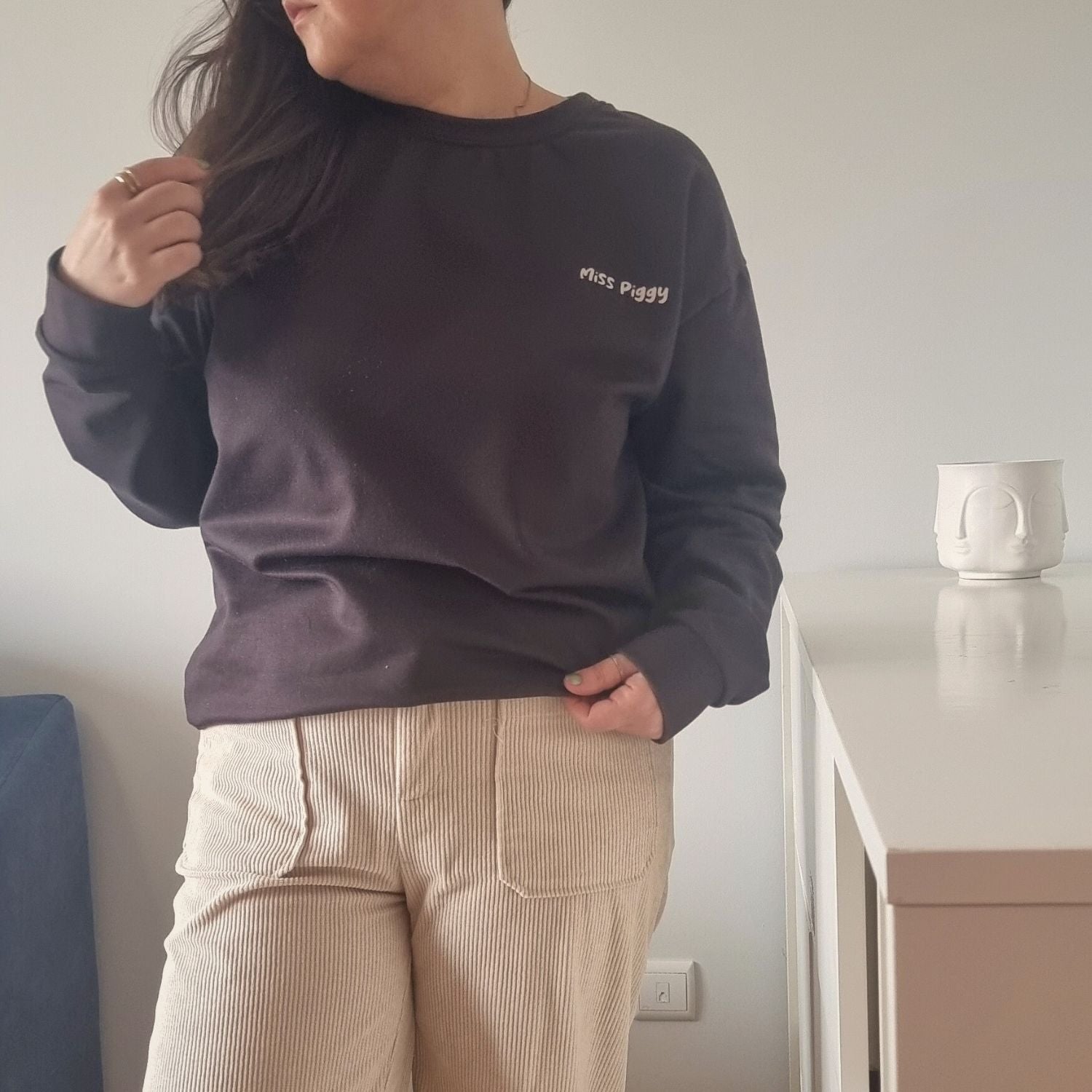 Unisex UNSEEN Recycled Sweater in espresso brown with sand print, minimalist sustainable design by Miss Piggy.