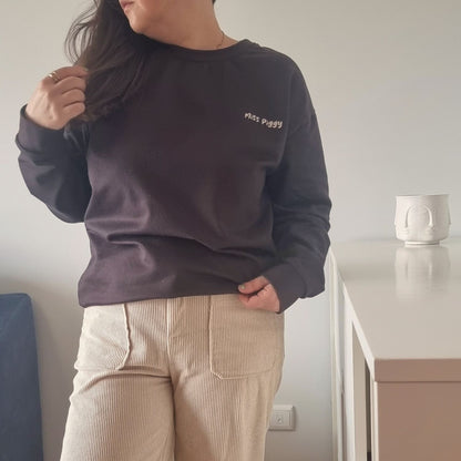 Unisex UNSEEN Recycled Sweater in espresso brown with sand print, minimalist sustainable design by Miss Piggy.